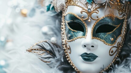 Elegant carnival design showcasing sophisticated masks and ornaments on a timeless white background, generative ai