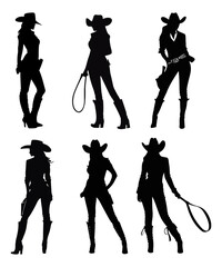 Set of silhouettes cowgirls silhouettes wearing  cowboy hat, leather clothing and boots, the digital art vector is featuring cowboy life in wild west town.
