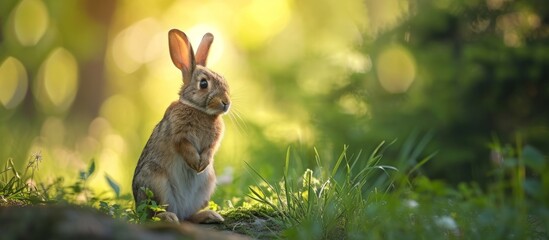 Brown rabbit standing on hind legs at stone park, looking adorable.