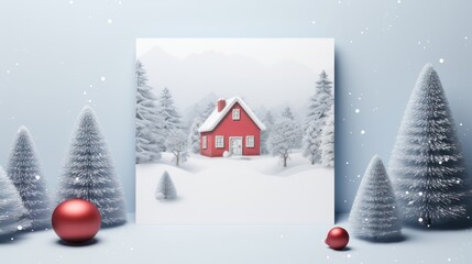 Winter greeting card Mockup template, with image of snowy village house. Pine tree background.