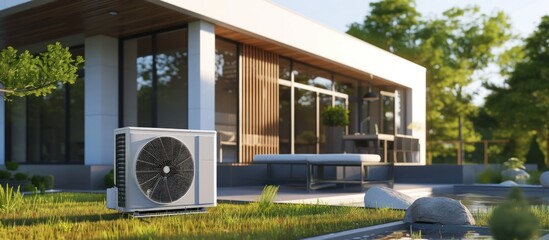 Air conditioner on outdoor side wall on modern house. AI generated image - obrazy, fototapety, plakaty