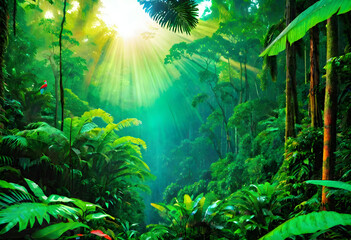 Fototapeta na wymiar Tropical Rainforest. Jungle. Greenery. Lush. Biodiverse. Nature. Wildlife. Flora. Fauna. Dense. Canopy. Ecosystem. Exotic. Humid. Vibrant. Tropical Climate. AI Generated.