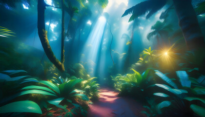 Obraz premium Tropical Rainforest. Jungle. Greenery. Lush. Biodiverse. Nature. Wildlife. Flora. Fauna. Dense. Canopy. Ecosystem. Exotic. Humid. Vibrant. Tropical Climate. AI Generated.