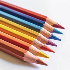  Assorted colored pencils lined up on a white background.