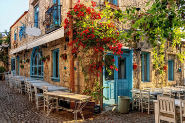 Bougainvillaea growing up the wall of a restaurant in Alacati, Izmir, Turkey