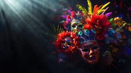 Exuberant carnival composition featuring masks and decorations in the spotlight against a dramatic black background generative ai
