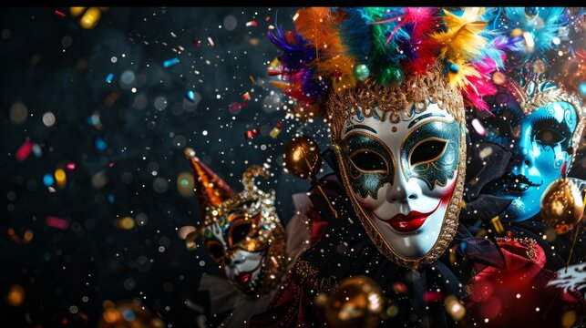 Exuberant carnival composition featuring masks and decorations in the spotlight against a dramatic black background generative ai