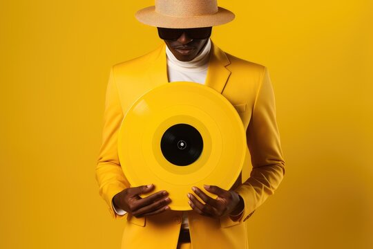 Black african american man hand holding old vinyl retro record. Vinyl gramophone record on yellow background. 80s and 90s style. Disco party. Love music concept