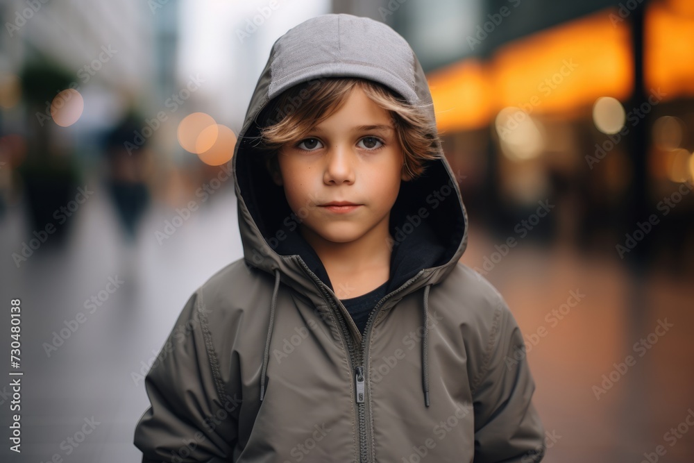 Wall mural Portrait of a little boy in a hood on the street.