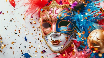 Festive carnival arrangement showcasing lively masks and decorations on a sophisticated white background, generative ai