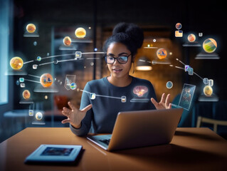 Smart Minority Woman using laptop computer with icons swirling around, technology, internet, business, school