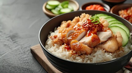 steamed rice with fried chicken or hainanese chicken rice, realistic, HD, copy space - generative ai