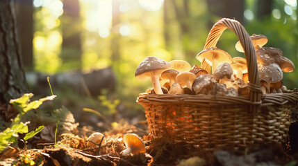 Sunlit mushrooms in a basket on forest floor. - obrazy, fototapety, plakaty