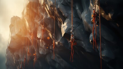 Rock climbing equipment descender belay rope, extreme sports background wallpaper. - obrazy, fototapety, plakaty