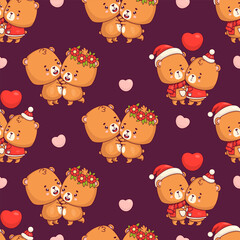 Seamless pattern with romantic couple bear teddy with hearts. Funny kawaii animal girl and boy character. Vector illustration. Festive valentine backdrop