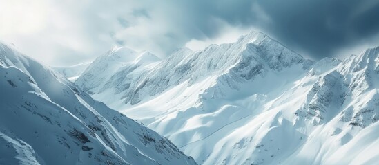 Beautiful landscape winter a mountain ridge covered with snow. AI generated image - obrazy, fototapety, plakaty