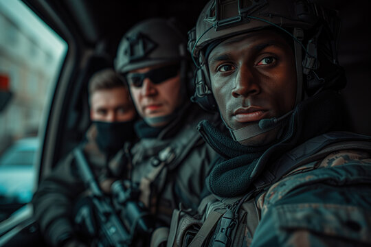 Advertising portrait shot of a swat staff team standing together in a special vehicle and car and they look at the camera.