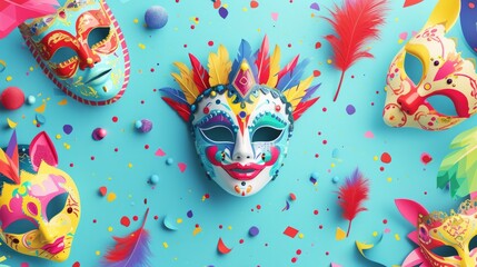 Cheerful carnival design with colorful masks and fun decorations on a dreamy pastel blue background. generative ai