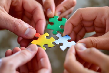 Hands join puzzle pieces,  putting the jigsaws team together, business concept
