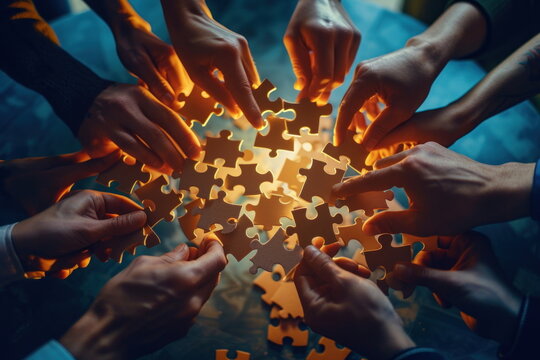 Hands join puzzle pieces,  putting the jigsaws team together, business concept
