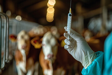 A veterinarian prepares a syringe to vaccinate cattle in a barn on a farm - obrazy, fototapety, plakaty