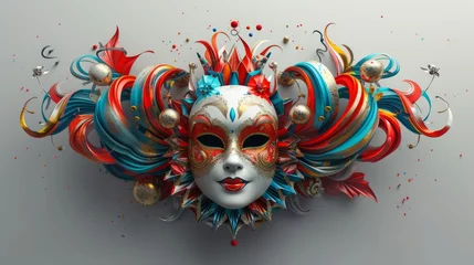 Photo sur Plexiglas Carnaval Lively carnival design with dynamic masks and celebratory ornaments against a modern and sleek gray background generative ai