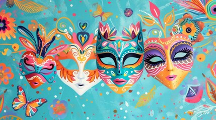 Carnival design with whimsical masks and vibrant decorations on a cheerful pastel blue background generative ai