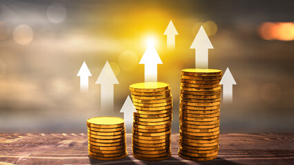 Stair stack of golden coins with increased graph arrow