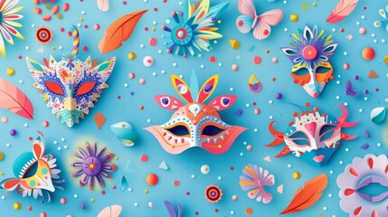 Fototapeta na wymiar Carnival design with whimsical masks and vibrant decorations on a cheerful pastel blue background generative ai