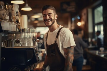 Naklejka premium Friendly barista at a coffee shop with a welcoming smile.