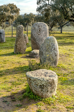 View of the prehistoric megalithic monument Cromeleque de Vale Maria do Meio, HDR
