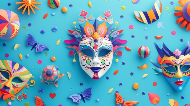 Carnival design with whimsical masks and vibrant decorations on a cheerful pastel blue background generative ai