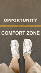 People standing on the street with a choice between comfort zone or opportunity