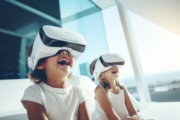 Kids in VR headsets at home, delighted by virtual experience