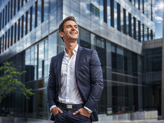 portrait of a successful older businessman consultant looking at camera and smiling in front of modern office building