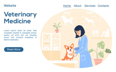 Young female veterinarian in lab uniform examining cute dog on pet hospital background. Veterinary medicine landing page. Flat line website design template Vet clinic internet page vector illustration