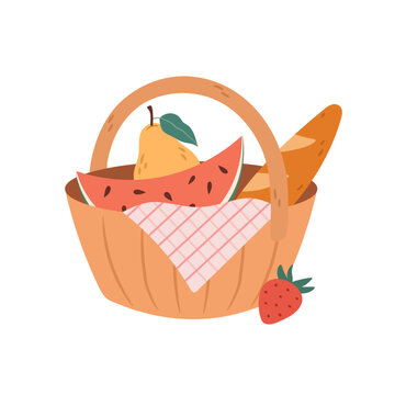 recommend clip art: Picnic basket with watermelon, loaf of bread, pear and strawberries. Vector illustration