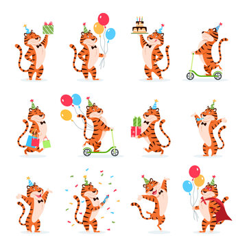 Cartoon Birthday tigers set on white background. Animal characters in party hats. Cute adorable flat wild cats. Smiling orange striped feline with balloon, cake superhero gift vector illustration.