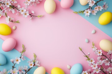 Naklejka na ściany i meble Minimalistic Easter background mockup with negative empty space for text. Easter eggs and spring sakura flowers on two tone colors blue and pink showcase. Space for text, decor concept.