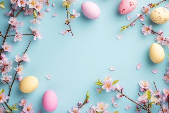 Minimalistic Easter background mockup with negative empty space for text. Easter eggs and spring sakura flowers on a blue background. Space for text, decor concept. Blank space in the middle