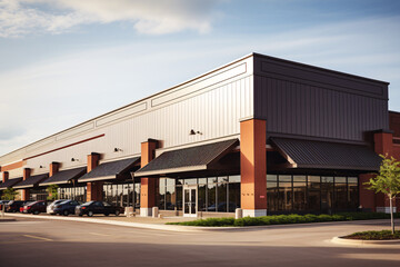 Obraz premium Commercial Building Fascia Logo And Signage Mockup The Exterior Wall Of A Contemporary Commercial Style Building With Aluminium Metal Composite Panels And Glass Windows For Logo And Sign Board Mockup 