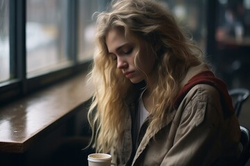 portrait of a beautiful blonde girl in a cafe with a cup of coffee