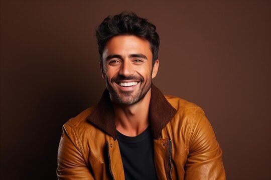 Portrait of a handsome young man smiling against brown background. Men's beauty, fashion.