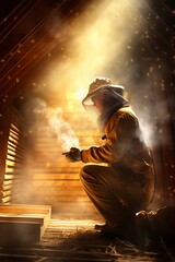 Fototapeta premium Welder at work in a factory. He is wearing protective clothing.