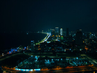 Top view aerial video of Nha Trang city at night. 4K