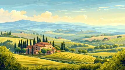 Landscape view of Tuscany hills. Italian countryside panorama with olive trees, old farmhouses and cypress. Rural panoramic scenery landscape. Vector illustration