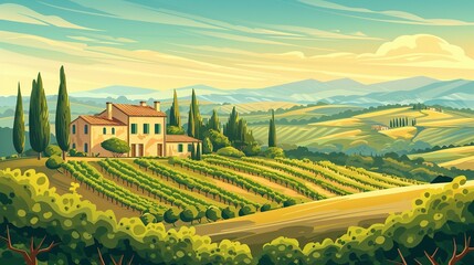Naklejka premium Landscape view of Tuscany hills. Italian countryside panorama with olive trees, old farmhouses and cypress. Rural panoramic scenery landscape. Vector illustration