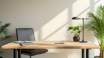 A streamlined, tidy desk setup with a wooden surface, a lively green plant, sleek black seating, and stationery, set against a soft-hued backdrop.