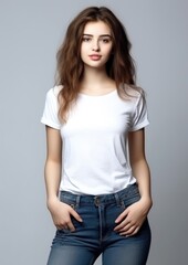 model in a white T-shirt on a gray background