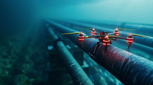 A drone equipped with infrared cameras monitors for any leaks or malfunctions in an underwater pipeline alerting operators to potential issues and increasing overall safety.